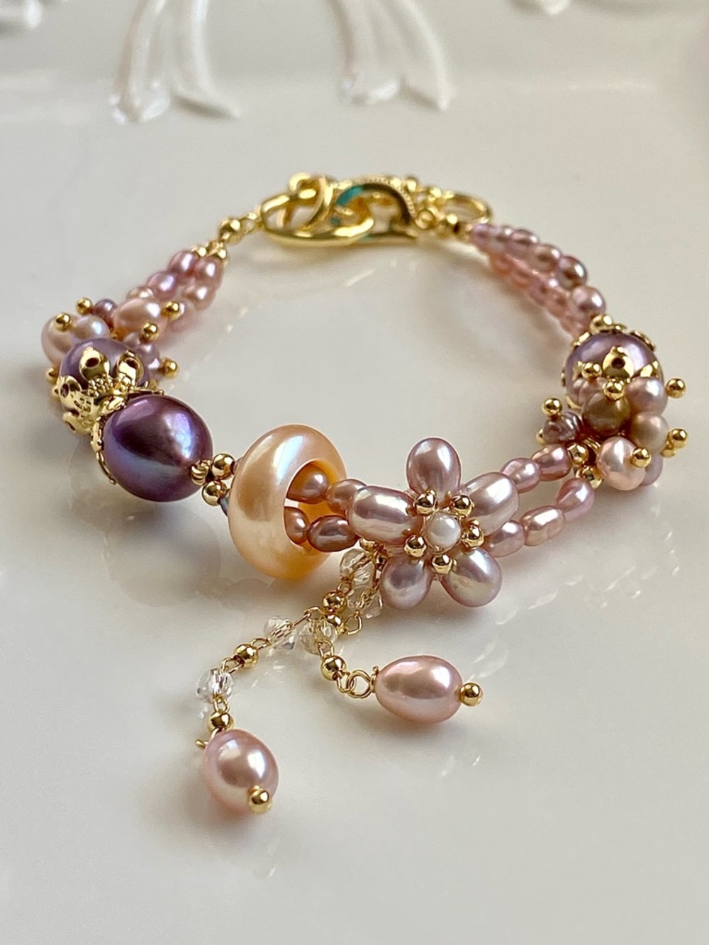 B177-Handmade Freshwater Pearl Pink Flower Braided Bracelet